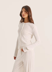 Ecru Pointelle Long Sleeve Buttoned Top