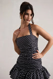 Zahra Black White Polka Dot Halter Neck Ruched Mini Dress With Ruffle Hem