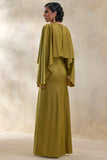 Vanthea Olive Satin Round Neck Maxi Dress With Cape Sleeves
