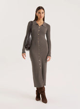 Charcoal Collared Button Down Knitted Dress