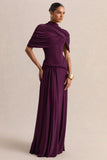Evelisse Plum High Neck Maxi Dress With Short Cape Sleeves