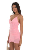 Shimmer Ruched Cross Back Dress in Pink