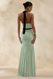 Cosmina Mint Plunge Neck Maxi Dress With Bow Detail