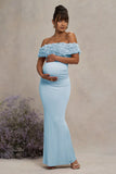 Inflorescence Powder Blue Mesh Floral Bardot Maternity Maxi Dress