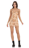 Mesh Floral Print Dress in Light Brown