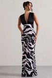 Azzara Zebra Print Satin Ruched V Neck Maxi Dress