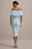 Rayleigh Powder Blue Bardot Ruched Midi Dress