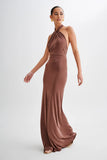 Elyna Slinky Halter Maxi Dress Chocolate