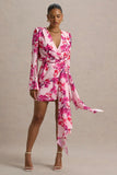 Goldie Pink Floral Print Chiffon Long Sleeve Wrap Mini Dress