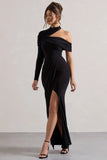 Tyla Black Asymmetric High Neck Split Maxi Dress