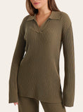 Olive Knitted Long Sleeve Polo Top