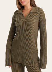 Olive Knitted Long Sleeve Polo Top