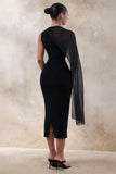 Caloria Black Asymmetric Neck Midi Dress With Mesh Cape
