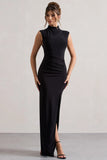 Lanetta Black Ruched High Neck Maxi Dress With Split