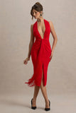 Auria Red Satin Devore Plunge Neck Midi Dress With Fringe Details