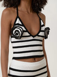 Black And White Stripe Knit Corsage Halterneck Top