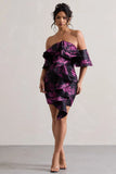 Aspen Black Floral Print Bardot Mini Dress With Ruffles