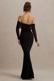 Madeleine Black Fishtail Maxi Dress With Bardot Mesh Long Sleeves