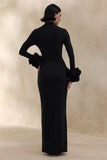Jaselle Black High Neck Maxi Dress With Ruffled Satin Cuffs