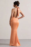 Unbeatable Peach Satin Cross Over Halter Neck Maxi Dress