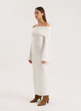 Cream Off Shoulder Wool Blend Knitted Maxi Dress