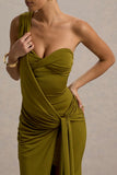 Erminia Olive Green One Shoulder Twist Wrap Maxi Dress