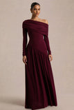 Farah Burgundy Asymmetric Neck Maxi Dress With Drop Waist And Ruched Detailing