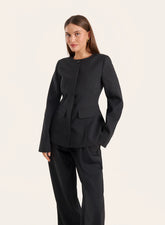 Black Collarless Cinched Waist Tailored Blazer