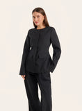 Black Collarless Cinched Waist Tailored Blazer