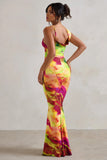 Phantasy Lime Print Asymmetric Neckline Cowl Maxi Dress