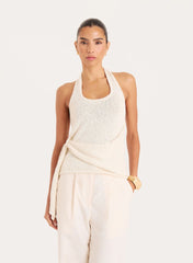 Cream Boucle Knit Draped Waist Sleeveless Top