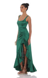 Satin Ruched Ruffle Slit Maxi Dress in Green