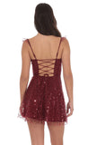 Sequin Ruffle Strap A Line Dress in Burgundy