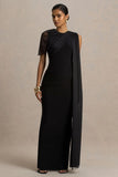 Brenda Black Crew Neck Maxi Dress With Mesh Cape And Sash