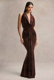 Lavernia Brown Velvet Halter Neck Maxi Dress With Gathered Detailing