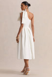 Meria White Asymmetric Neck Midi Dress With Bow Sleeve
