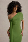Vallea Green One Shoulder Draped Midi Dress