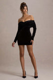 Gilda Black Velvet Bardot Long Sleeve Mini Dress