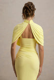 Enchant Lemon Asymmetric Twisted Cape Midi Dress