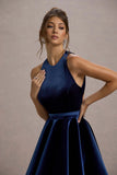 Mackie Navy Velvet Sleeveless Skater Mini Dress