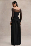 Bexley Black Bardot Neck Draped Maxi Dress With Long Mesh Sleeves