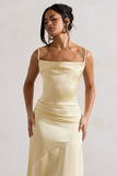 Santi Lemon Satin Cowl Neck Asymmetric Maxi Dress