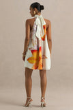 Evita Orange Floral High Neck Satin Mini Dress