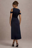 Sawyer Navy Satin Draped Midi Dress