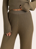 Olive Ribbed Knit Straight Leg Trousers
