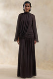 Narella Brown Chiffon High Neck Maxi Dress With Draped Detailing