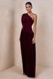 Kelsey Burgundy Asymmetric Neck Maxi Dress With Ruched Detailing