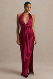 Lynette Burgundy Satin Plunge Neck Maxi Dress With Asymmetric Hem