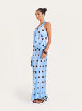 Blue And Chocolate Polka Dot Satin Halterneck Top