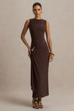 Fiora Brown Wide Neck Maxi Dress With Gathered Detail